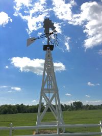 Traditional windmill on field against sky