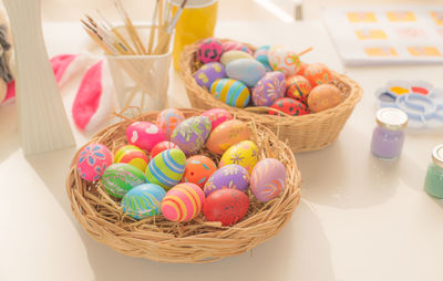 High angle view of multi colored candies in basket on table