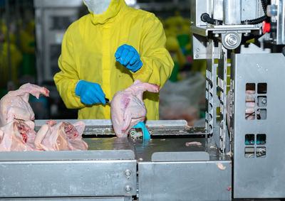 Close up a half whole chicken cut and load to automate cutting parts machine in modern plant.