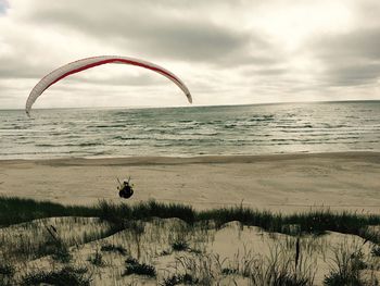 Person paragliding over beach