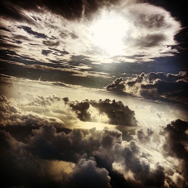 sky, beauty in nature, scenics, cloud - sky, tranquility, tranquil scene, nature, sun, sunbeam, sea, cloudscape, cloudy, idyllic, sunlight, water, cloud, aerial view, sky only, majestic, weather