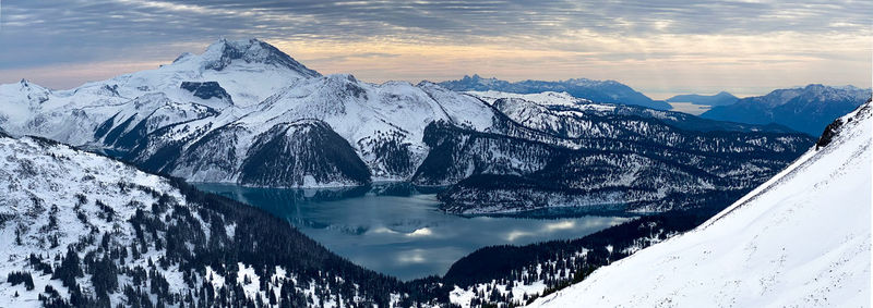 Panoramic view of snowcapped mountains against sky during winter