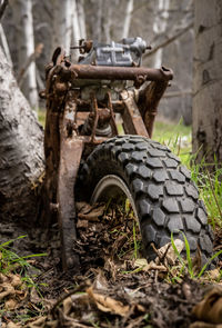 Close-up of damaged motorcycle on field