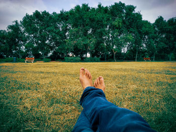 Low section of man relaxing on field