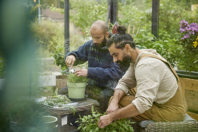 Side view of man gardening in yard