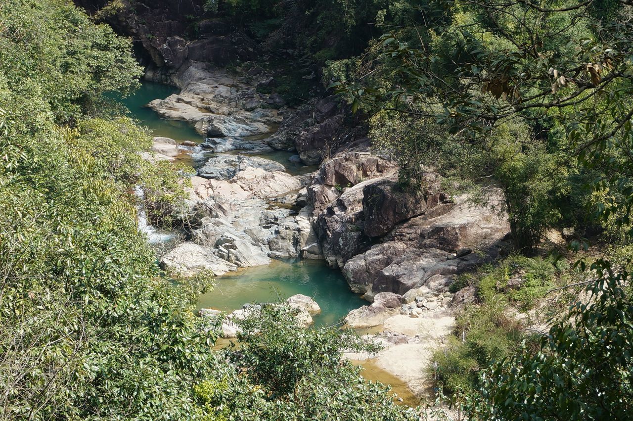 HIGH ANGLE VIEW OF RIVER FLOWING THROUGH ROCKS