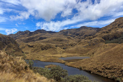 Panoramic view of lake and mountains against sky