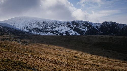 Scenic view of snowcapped mountains against sky