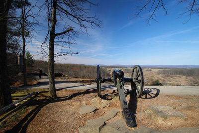 Horse cart on field against sky