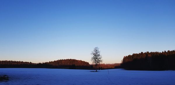 Scenic view of lake against clear blue sky during winter