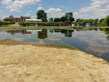 Scenic view of lake by building against sky