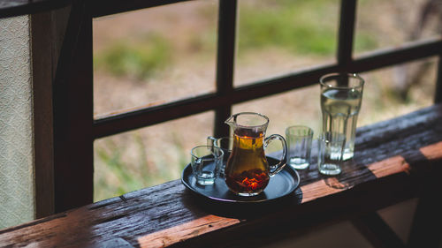 Drink hot tea in a beautifully prepared glass jug ready to serve.