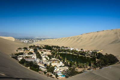 High angle view of townscape against clear blue sky