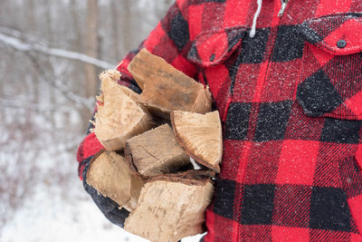 Midsection of man carrying logs on field during winter