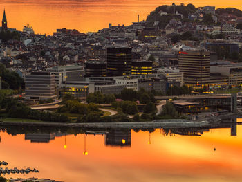 High angle view of cityscape during sunset