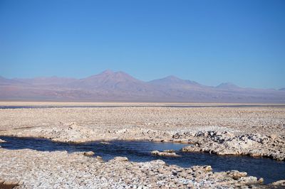 Scenic view of mountains against clear blue sky