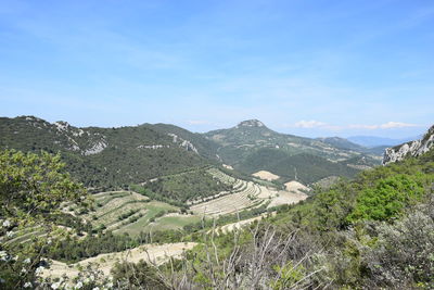 Scenic view of mountains against blue sky