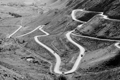 High angle view of winding road on land