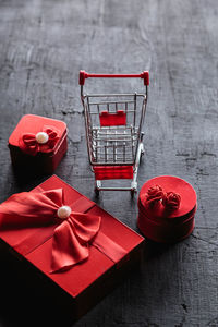 High angle view of red box on table