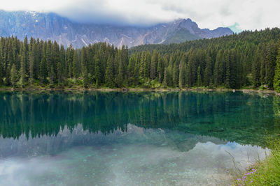 Scenic view of lake by mountains against sky