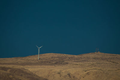 Wind turbines on land against clear blue sky