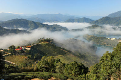 High angle view of mountains against sky