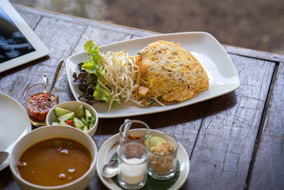 High angle view of food served on table