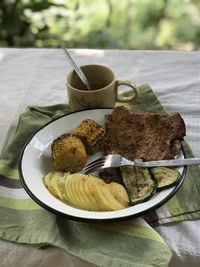 High angle view of grilled food on table