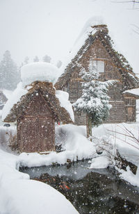 Snow covered house and trees during winter