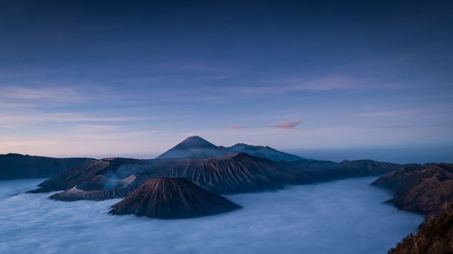 Scenic view of snowcapped mountains against sky during sunset