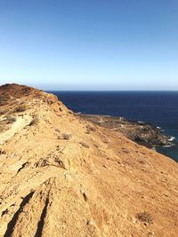 Scenic view of sea against clear blue sky