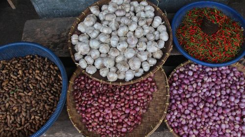 High angle view of spices for sale in market