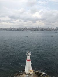 Lighthouse by sea against sky