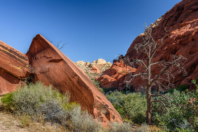 Panoramic view of rock formations against clear blue sky