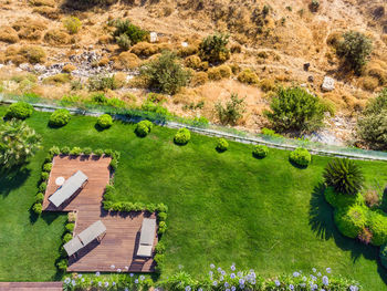 Terrace with green grass morning view. wooden floor with chairs, looking out over the large lawn