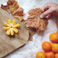 High angle view of person and orange leaves on table