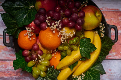 High angle view of fruits in bowl on table