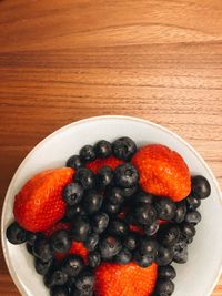 High angle view of strawberries in bowl on table