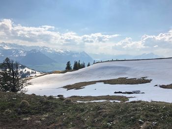 Scenic view of snowcapped mountains against sky