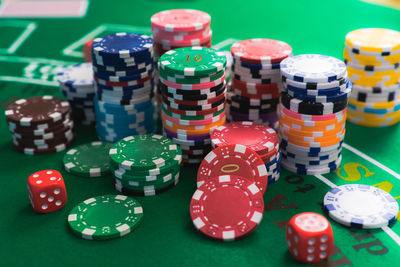 Close-up of multi colored objects on table