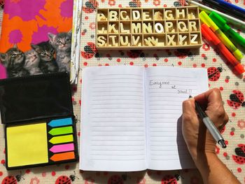 High angle view of text on book