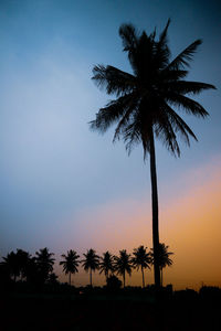 Silhouette palm trees against romantic sky at sunset