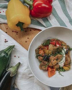 High angle view of vegetable ragout with chicken ready to eat