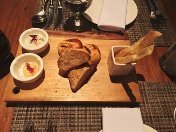 Close-up of breakfast served on table