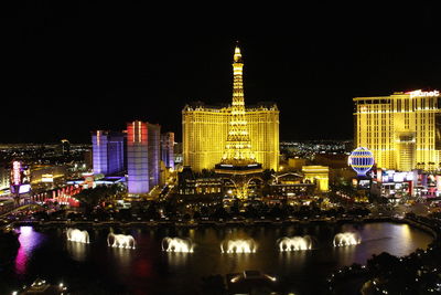 View of city lit up at night