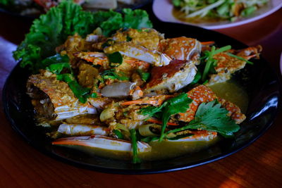 High angle view of food in plate on table