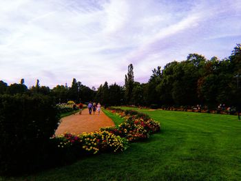 People on grassy field in park against sky