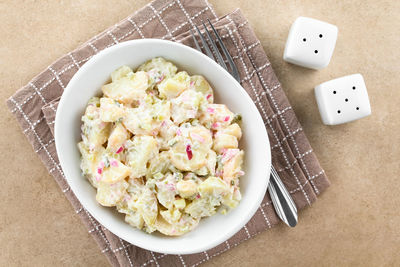 High angle view of food in bowl on table