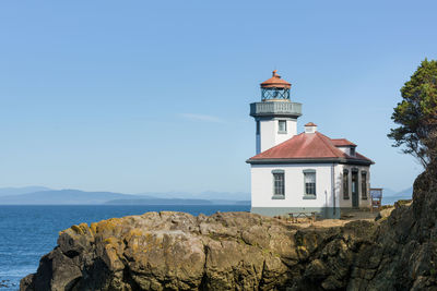 Lighthouse by sea against sky