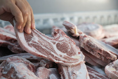 Close-up of a hand holding a frozen meat in the market